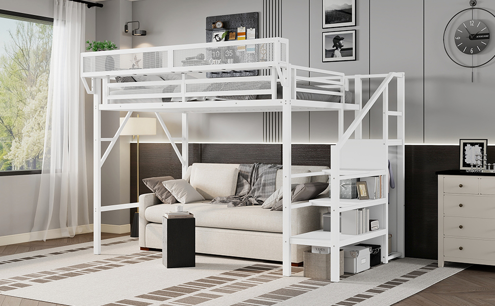 Metal Twin Xl Size Loft Bed With Stairs, Storage Shelves and Wardrobe 14 Metal Twin Xl Size Loft Bed With Stairs, Storage Shelves and Wardrobe