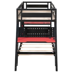 Twin Size Bunk Bed with Two Built-In Gaming Desks, USB Desktop Ports & Pegboard Organizer