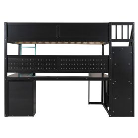 Full Size Wooden Gaming Loft Bed with Storage Stairs, Desk, Shelves & Pegboard