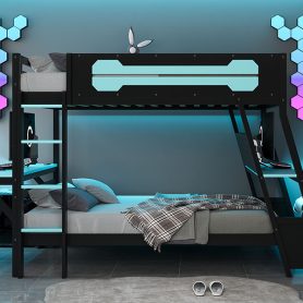 Full Size Bunk Bed with Two Built-In Gaming Desks, USB Desktop Ports & Pegboard Organizer