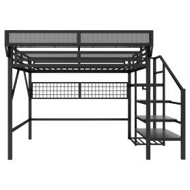 Metal Queen Size Loft Bed With Stairs, Light And Storage