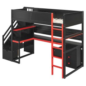 Twin Size Wooden Gaming Loft Bed with Storage Stairs, Desk, Shelves & Pegboard 29 Twin Size Wooden Gaming Loft Bed with Storage Stairs, Desk, Shelves & Pegboard