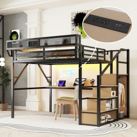 Queen Size Metal Loft Bed with Desk, Charging Station, Stairs and Light