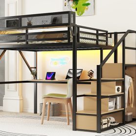Queen Size Metal Loft Bed with Desk, Charging Station, Stairs and Light 38 Queen Size Metal Loft Bed with Desk, Charging Station, Stairs and Light