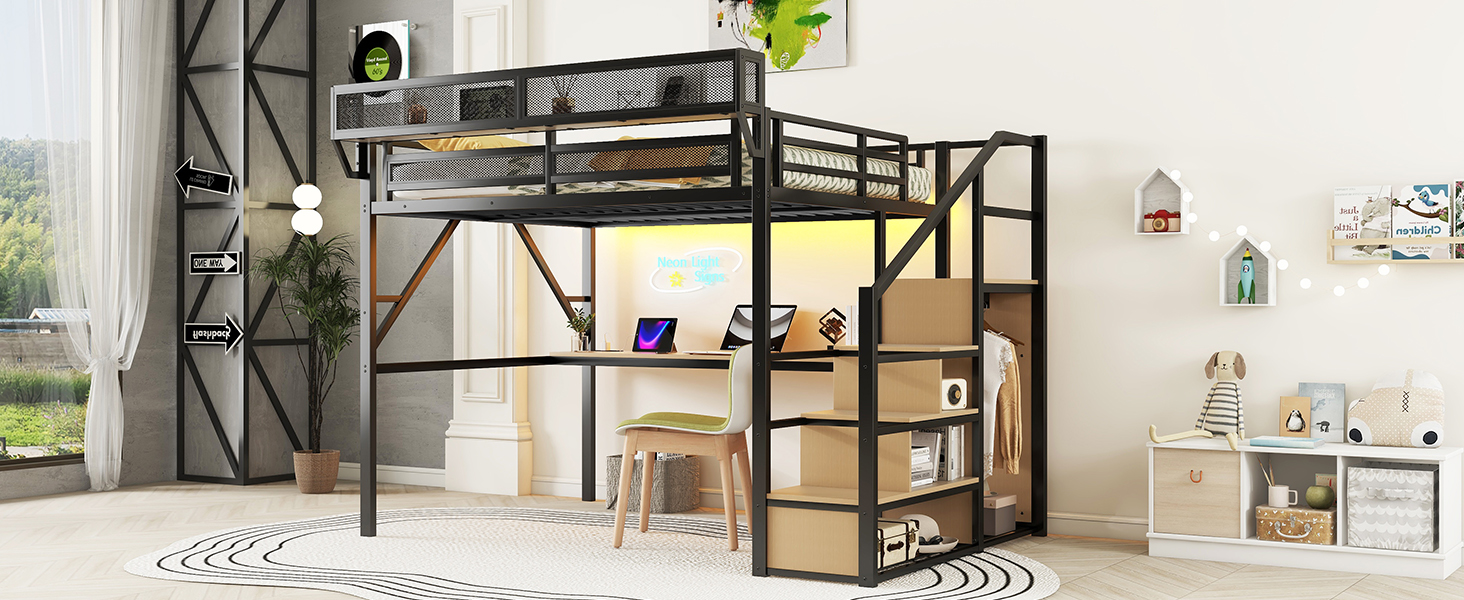 Queen Size Metal Loft Bed with Desk, Charging Station, Stairs and Light 19 Queen Size Metal Loft Bed with Desk, Charging Station, Stairs and Light