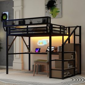 Full Loft Bed With Desk, Charging Station, Stairs And Light