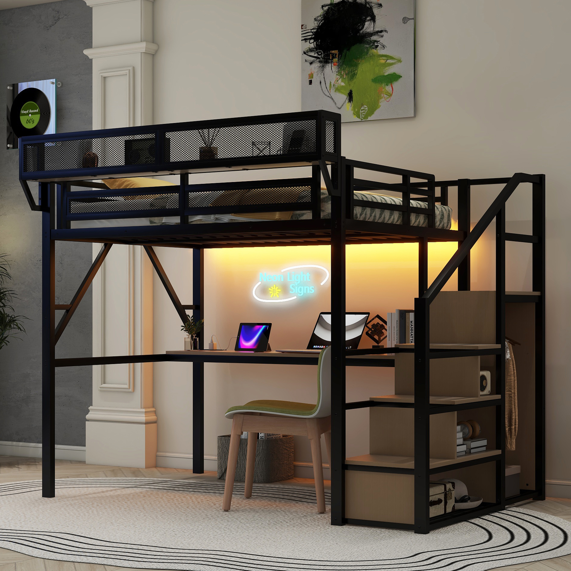 Full Loft Bed With Desk, Charging Station, Stairs And Light 3 Full Loft Bed With Desk, Charging Station, Stairs And Light