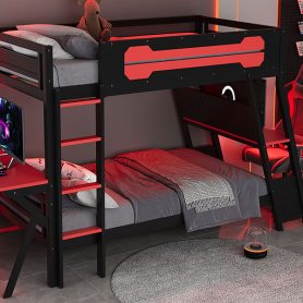 Twin Size Bunk Bed with Two Built-In Gaming Desks, USB Desktop Ports & Pegboard Organizer