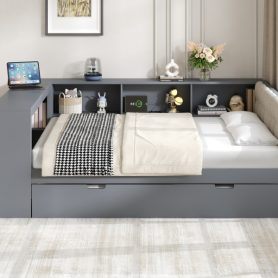 Wood Full Size Platform Bed with Storage Shelves, Trundle, Charging Station and Upholstered Headboard