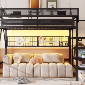 Metal Queen Size Loft Bed With Stairs, Light And Storage