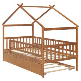 Wooden Twin Size House Bed With Twin Size Trundle