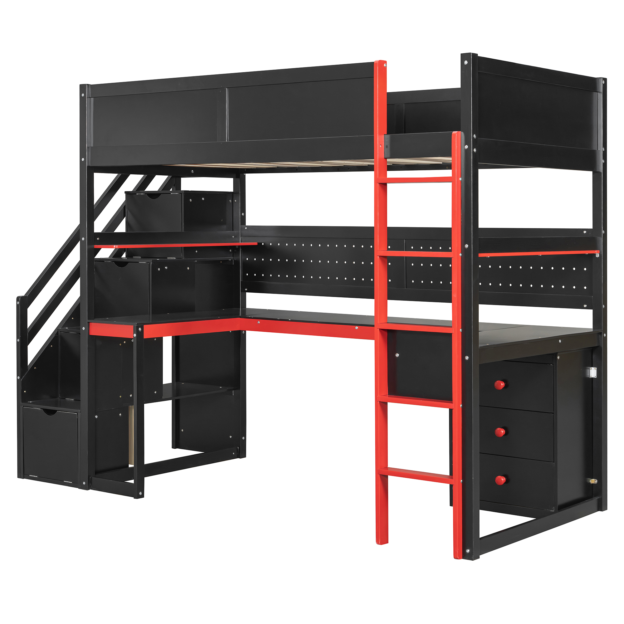 Twin Size Wooden Gaming Loft Bed with Storage Stairs, Desk, Shelves & Pegboard 17 Twin Size Wooden Gaming Loft Bed with Storage Stairs, Desk, Shelves & Pegboard