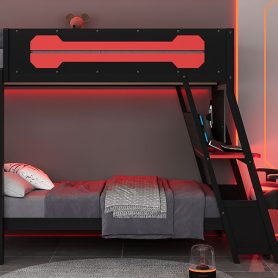 Twin Size Bunk Bed with Two Built-In Gaming Desks, USB Desktop Ports & Pegboard Organizer