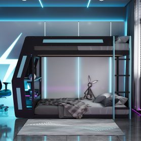 Full-Size Gaming Bunk Bed with Oversized RGB Desk, USB Charging Ports & Cable Grommet, LED Light Strip