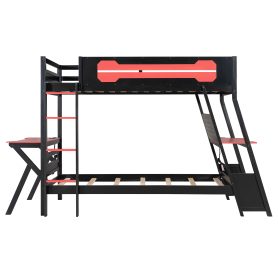 Twin Size Bunk Bed with Two Built-In Gaming Desks, USB Desktop Ports & Pegboard Organizer