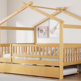 Full Size Wooden House Bed with Twin Size Trundle