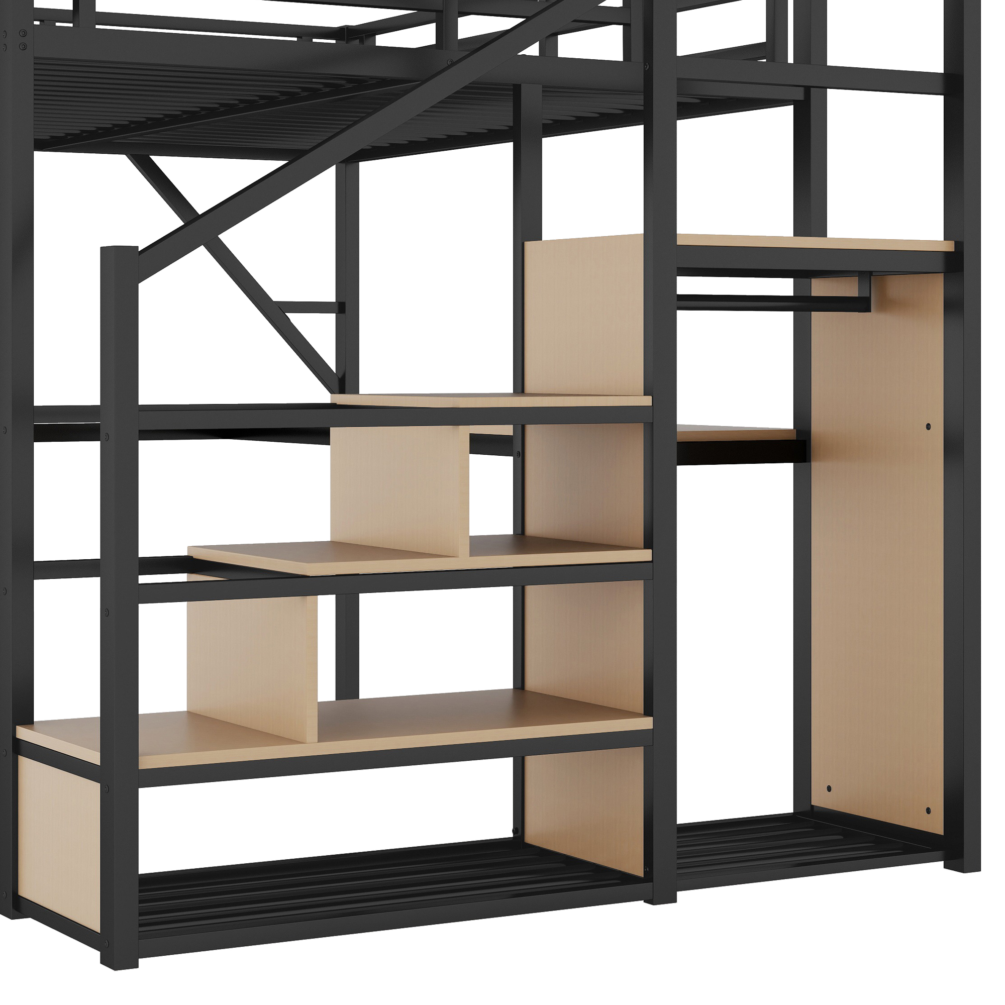 Queen Size Metal Loft Bed with Desk, Charging Station, Stairs and Light 13 Queen Size Metal Loft Bed with Desk, Charging Station, Stairs and Light