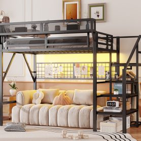 Metal Full Size Loft Bed With Stairs, Light And Storage