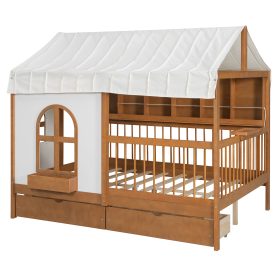 Full Size House Bed with 2 Large Drawers, Side Bookshelf with LED Strip