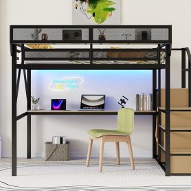Queen Size Metal Loft Bed with Desk, Charging Station, Stairs and Light 40 Queen Size Metal Loft Bed with Desk, Charging Station, Stairs and Light