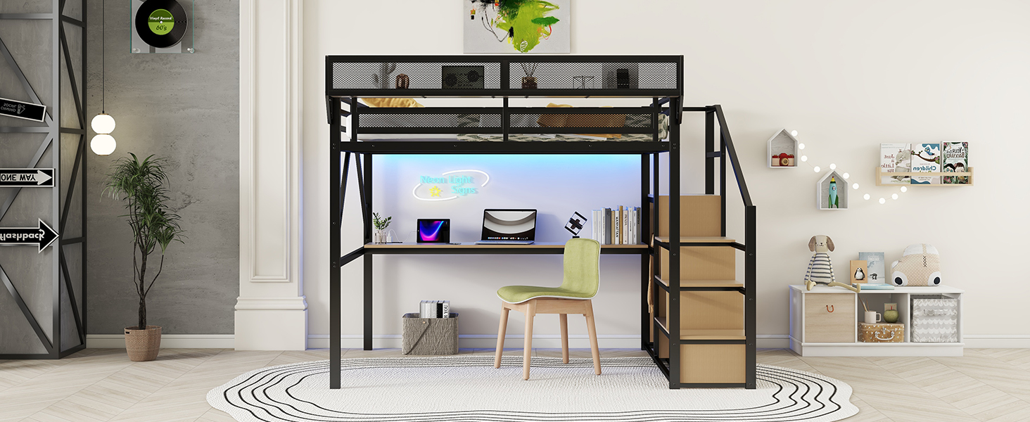 Queen Size Metal Loft Bed with Desk, Charging Station, Stairs and Light 21 Queen Size Metal Loft Bed with Desk, Charging Station, Stairs and Light