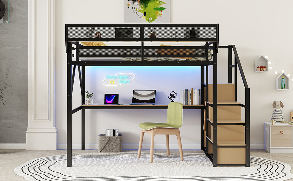 Queen Size Metal Loft Bed with Desk, Charging Station, Stairs and Light 9 Queen Size Metal Loft Bed with Desk, Charging Station, Stairs and Light