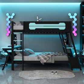 Full Size Bunk Bed with Two Built-In Gaming Desks, USB Desktop Ports & Pegboard Organizer