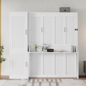 Queen Size Wood Murphy Bed With Wardrobe, Desk, Gas Struts and Charging Station