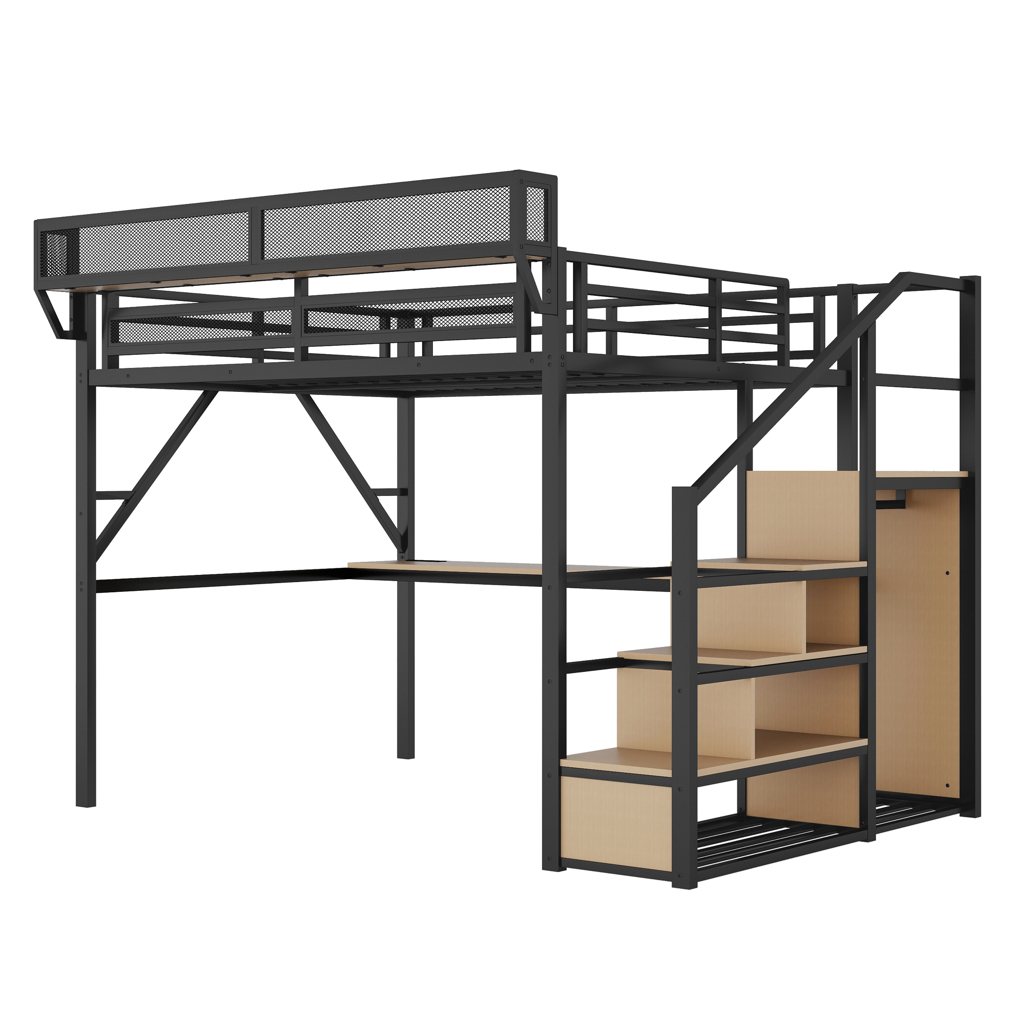 Queen Size Metal Loft Bed with Desk, Charging Station, Stairs and Light 16 Queen Size Metal Loft Bed with Desk, Charging Station, Stairs and Light