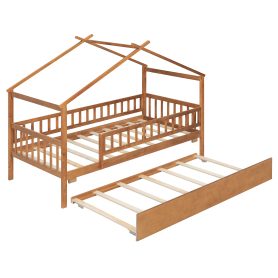 Wooden Twin Size House Bed With Twin Size Trundle