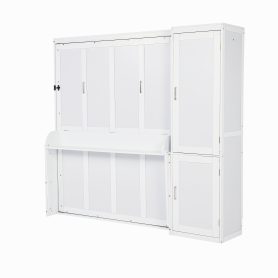 Queen Size Wood Murphy Bed With Wardrobe, Desk, Gas Struts and Charging Station