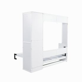 Queen Size Wood Murphy Bed With Wardrobe, Desk, Gas Struts and Charging Station