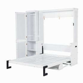 Queen Size Wood Murphy Bed With Wardrobe, Desk, Gas Struts and Charging Station