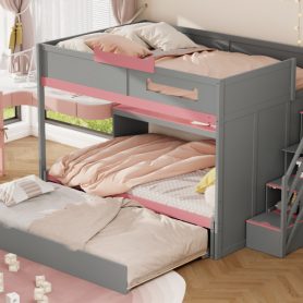 Full Over Full Bunk Bed With Twin Size Trundle, Staircase, Shelves and LED