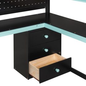 Full Size Wooden Gaming Loft Bed with Storage Stairs, Desk, Shelves & Pegboard