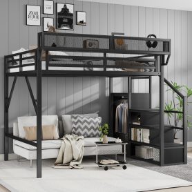 Metal Full Size Loft Bed With Stairs, Storage Shelves and Wardrobe
