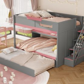 Full Over Full Bunk Bed With Twin Size Trundle, Staircase, Shelves and LED