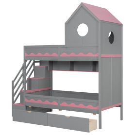 Twin Over Twin Bunk Bed With House Roof, Drawer, Staircase and LED