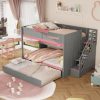 Full Over Full Bunk Bed With Twin Size Trundle, Staircase, Shelves and LED