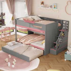 Home 35 Full Over Full Bunk Bed With Twin Size Trundle, Staircase, Shelves and LED