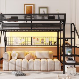 Metal Queen Size Loft Bed With Stairs, Light And Storage