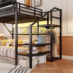 Metal Queen Size Loft Bed With Stairs, Light And Storage