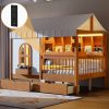 Full Size House Bed with 2 Large Drawers, Side Bookshelf with LED Strip