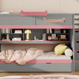 Full Over Full Bunk Bed With Twin Size Trundle, Staircase, Shelves and LED