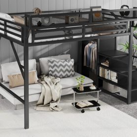 Metal Full Size Loft Bed With Stairs, Storage Shelves and Wardrobe