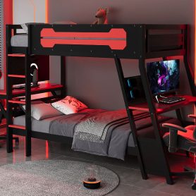 Twin Size Bunk Bed with Two Built-In Gaming Desks, USB Desktop Ports & Pegboard Organizer