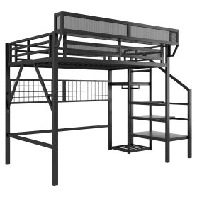 Metal Full Size Loft Bed With Stairs, Light And Storage