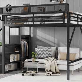 Metal Full Size Loft Bed With Stairs, Storage Shelves and Wardrobe