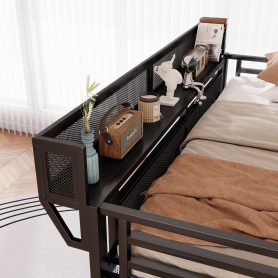 Metal Full Size Loft Bed With Stairs, Light And Storage