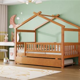 Wooden Twin Size House Bed With Twin Size Trundle